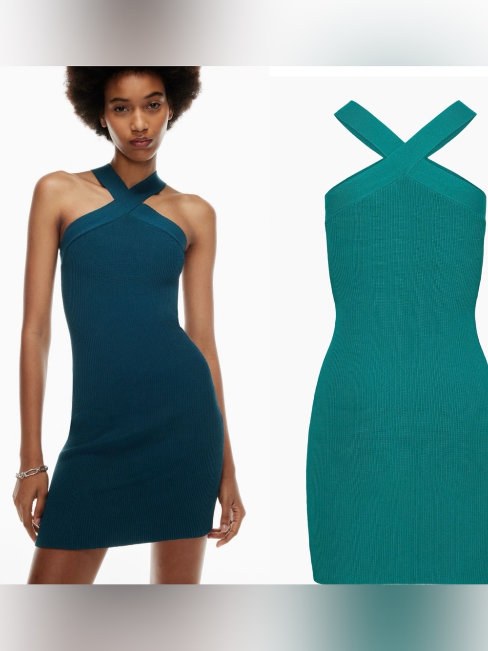 Babaton sculpt knit criss cross Teal One-Shoulder Ribbed Bodycon Dress m